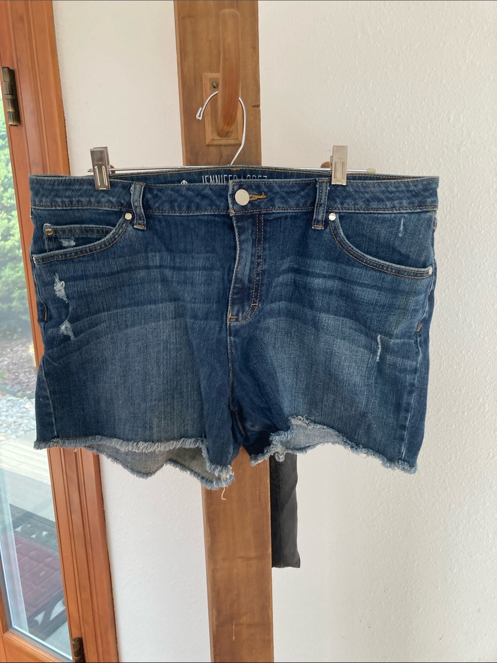 Jennifer Lopez Dark Blue Frayed Denim Cutoff Shorts